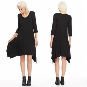 Eileen Fisher Medium Jersey Handkerchief Shark Bite Hem Black 3/4 Sleeve Dress